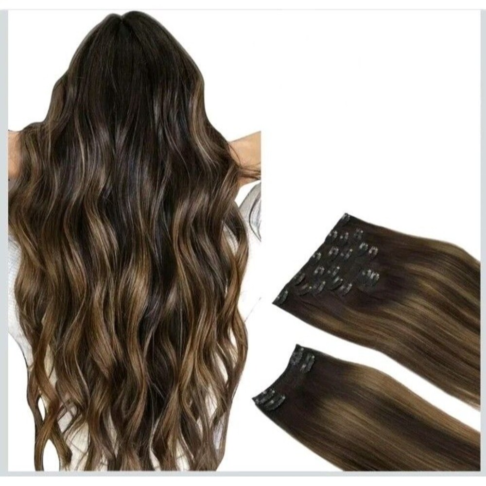 DOORES Clip in Hair Extensions Human Hair, Dark Brown to Chestnut Brown 14" 7 PC